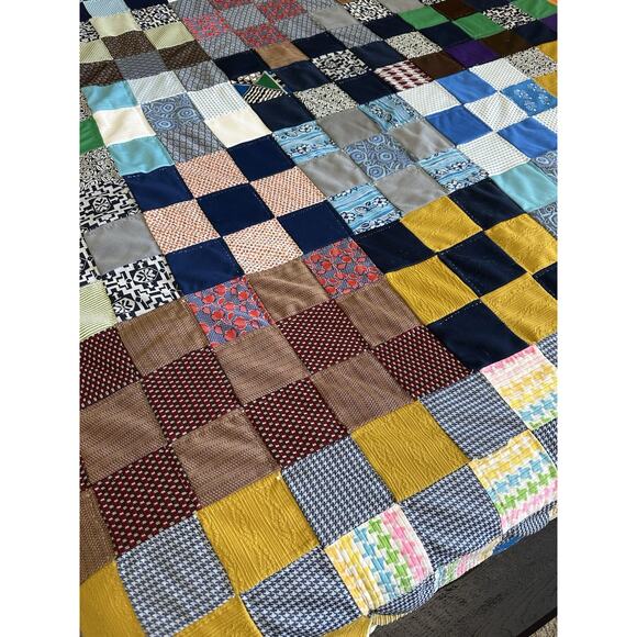 Vintage Hand Stitched Quilt Full Patchwork Square Block Polyester Masculine Read - Picture 3 of 8